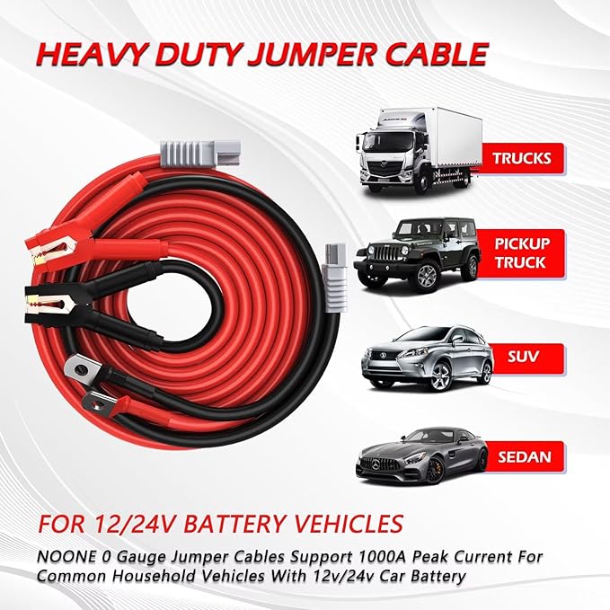 NOONE 0 Gauge 30FT Heavy Duty Jumper Cables for Car Battery, 1000A Quick Connect Automotive Booster Cables for SUVs & Trucks, Includes Carry Bag, Gloves & Goggles