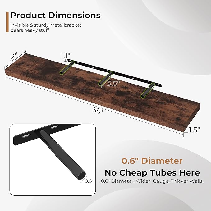 Fun Memories 55 Inch Floating Shelves for Wall, Fireplace Mantel Shelf with Invisible Heavy Duty Bracket, 8 Inch Deep Storage
