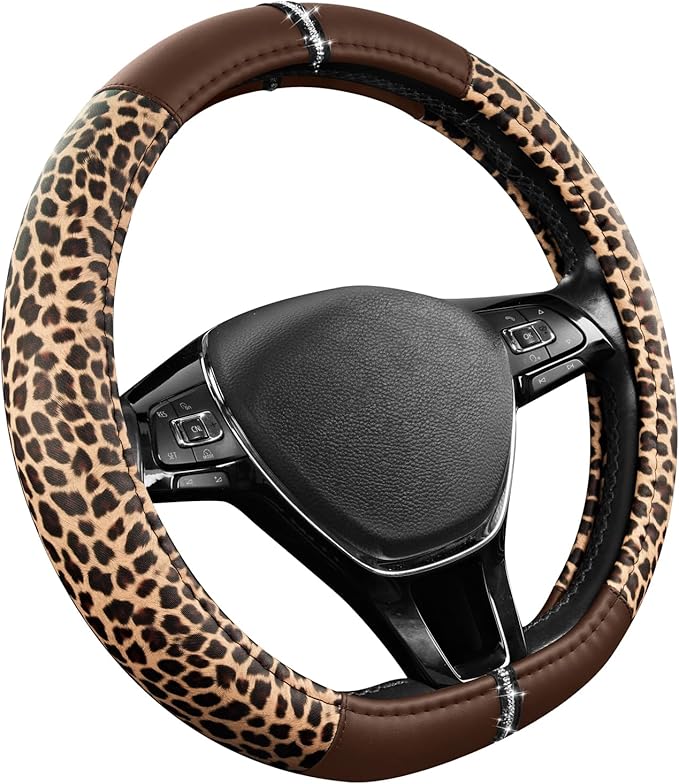 Road Comforts Leopard Steering Wheel Cover for Women, Cute Anti-Slip Microfiber Leather, Fits D Shape Flat Bottom Steering Wh
