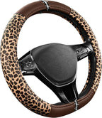Road Comforts Leopard Steering Wheel Cover for Women, Cute Anti-Slip Microfiber Leather, Fits D Shape Flat Bottom Steering Wh