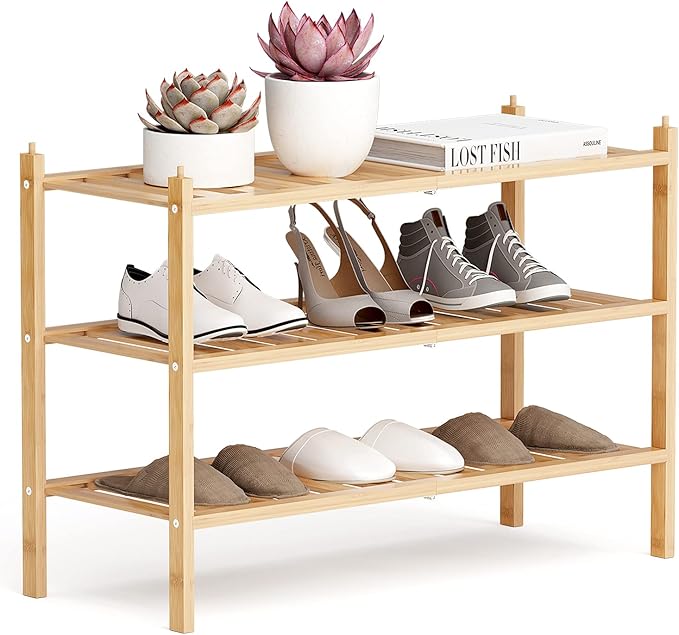 Dranixly Shoe Rack, 3-Tier Bamboo Stackable Shelf Storage Organizer, Stand for Closet, Entryway, Hallway, Bathroom and Living