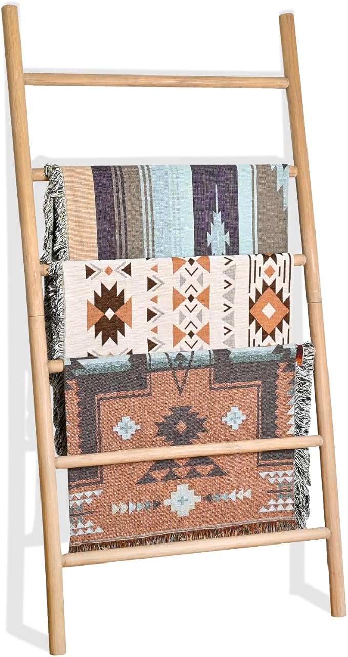 FUIN 6.4ft Extra Wide Wood Blanket Ladder Living Room Decorative Wall Leaning Farmhouse Quilt Display Holder Rustic Wooden To