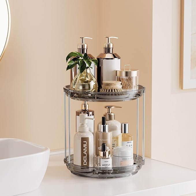 Delamu 2 Tier Rotating Makeup Organizer for Vanity, Skincare Organizer for Bathroom Counter, Spinning Perfume Organizer Cosme