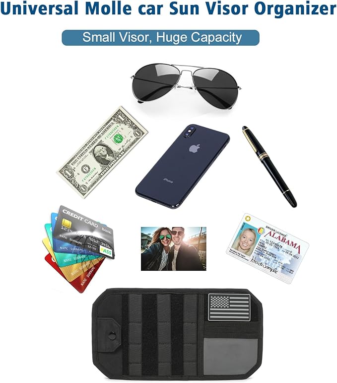 Upgraded Molle Car Sun Visor Organizer, Semi-Rigid MOLLE Panel No Sagging with Zipper Storage Pouch & Glasses Clip, Tactical Gear for Trucks SUVs Cars - Universal Fit