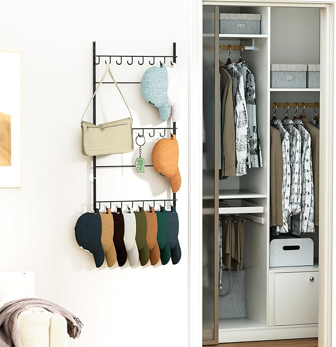HapiRm Over Door Hat Rack - 3 Tier Wall Mounted Hat Organizer with 24 Hooks, Baseball Cap Organizer Storage Holds up to 24 Ca