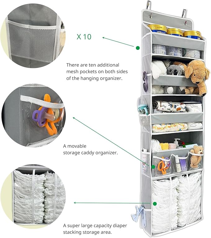Door Hanging Storage Organizer,with 3 Bins 1 Movable Baby Diaper Caddy,1 Large capacity diaper stacking storage Organizer,10 