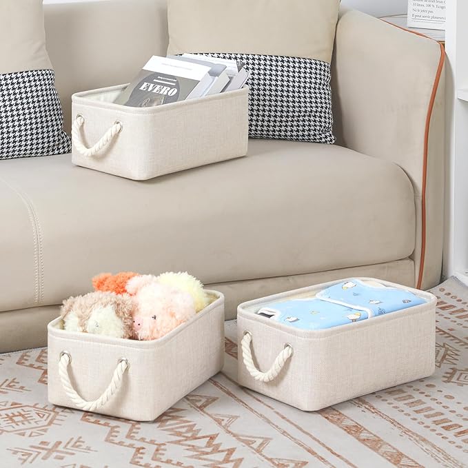 Bidtakay Small Storage Bins for Shelves 3 Pack Fabric Storage Baskets for Organizing 12x8x5 Inch Closet Storage Bins Linen Co