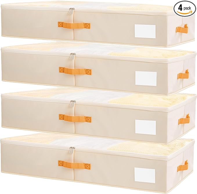 Criusia Under Bed Storage Bins with Clear PVC Lids – 4 Pack Large Underbed Organizers with Heavy-Duty Handles, Reinforced wit