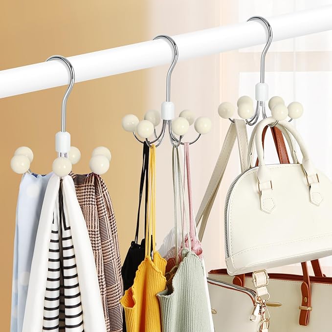 TOPIA HANGER Hoodie Hangers 4-Pack with 6 Wood Balls, 360°Swivel Purse Hanger, Scarf Hanger, Closet Hooks, Handbag Organizer,