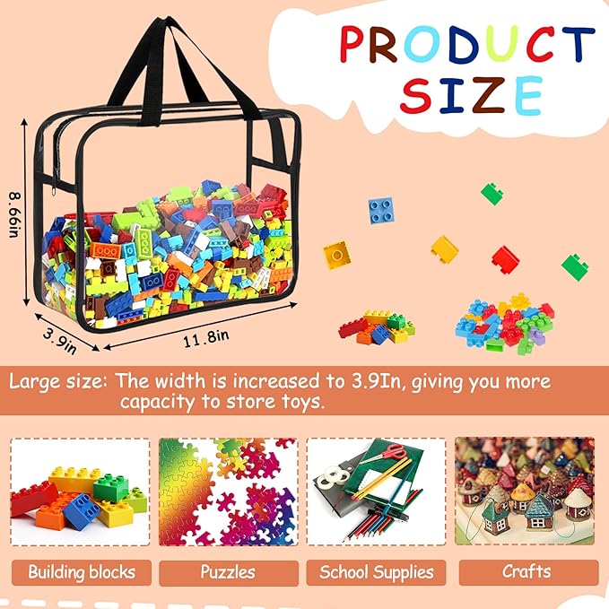 6 Packs Large Toy Storage Bags with Labels, Reusable Clear PVC Board Game Storage, Travel Waterproof Organizer Bags with Zipp