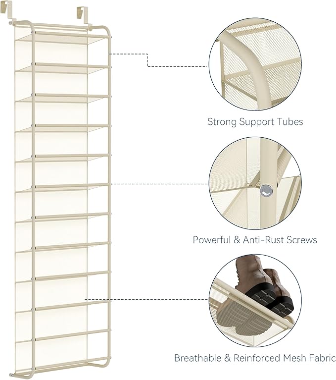 Whitmor 36 Pair Over The Door Shoe Organizer, 12 Tier Hanging Shoe Organizer, Heavy Duty Metal & Mesh Shoe Holder, Hanging Sh