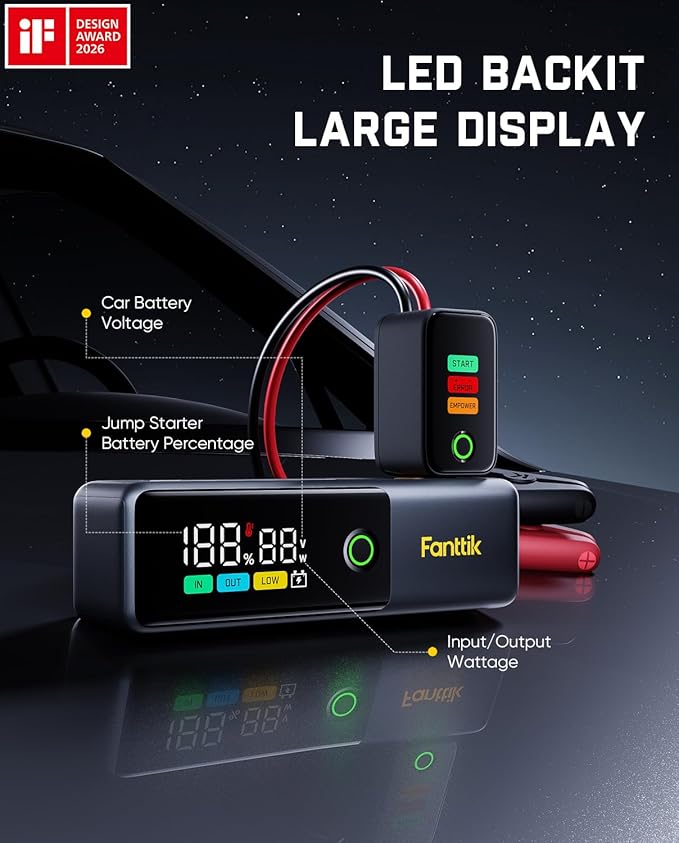 Fanttik Potent T10 1800A Portable Jump Starter, 12000mAh Power Bank, 12V Safe Lithium Jump Box with Smart SenseClamp,
