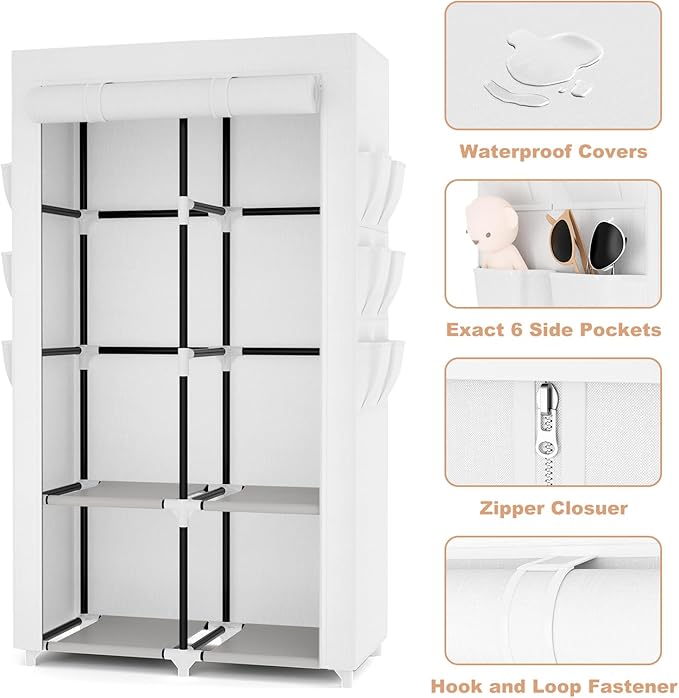 VTRIN Portable Closet Wardrobe Closet for Hanging Clothes with 4 Storage Shelves, 2 Hanging Rods and 6 Pockets, Stable and Ea