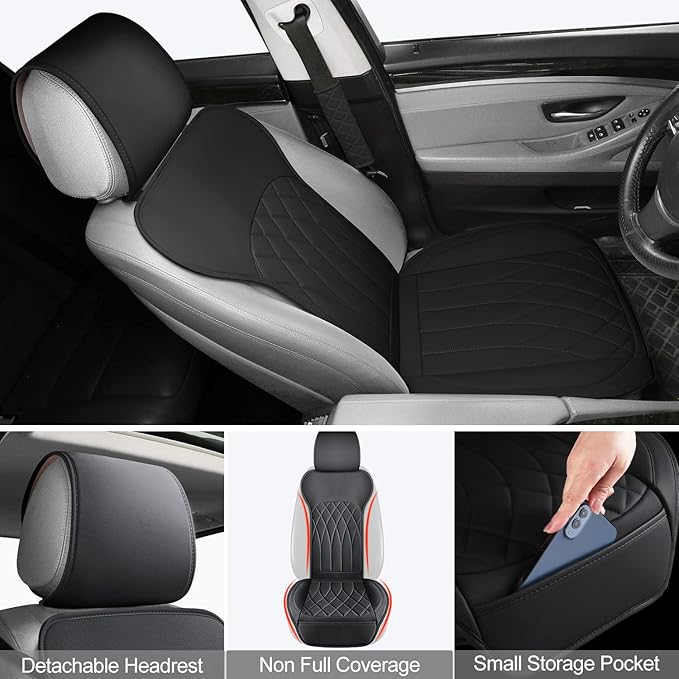 1 Pack Leather Front Car Seat Cover, Universal Sideless Car Seat Protector with Storage Pocket and Seat Belt Pad, Waterproof 
