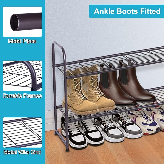 KEETDY 2-Tier Long Shoe Rack for Closet Entryway Shoe Organizer for 18 Pairs Sneakers, Metal Stackable Shoe Storage Shelf wit