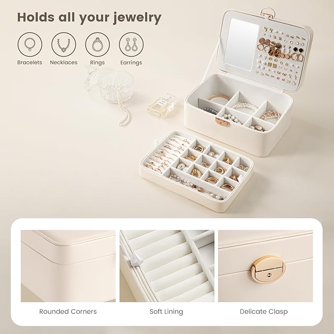 Lolalet 2 Layer Jewelry Box with Lock and Key for Teen Girls & Young Women, Jewelry Organizer Case with Round Clasp and Mirro
