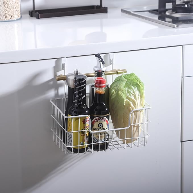 JUNCHU CHERRY Wire Storage Basket 2 Packs, Wall Mounted Kitchen Bathroom, Hanging Cabinet Door Storage Basket, no Drilling, S