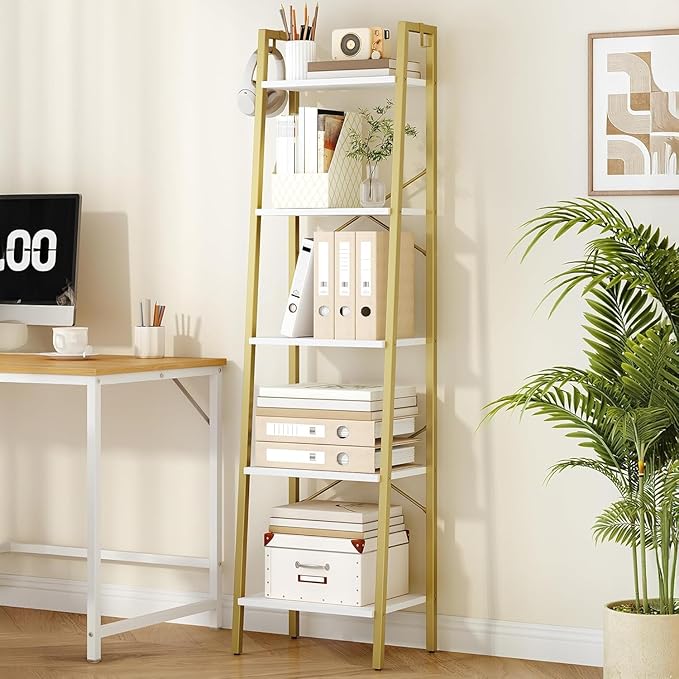 Hzuaneri Ladder Shelf, Bookshelf Bookcase, Freestanding Corner Storage Shelve with 2 Hooks for Home Office, Living Room, Kitc