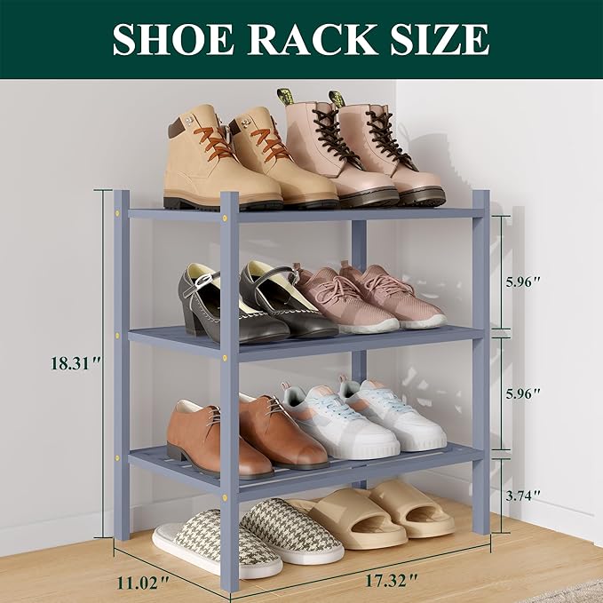 Smiry Small Bamboo Shoe Rack 3-Tier, Stackable Wooden Shoe Organizer for Entryway & Closet, Free Standing Wood Shoe Storage S