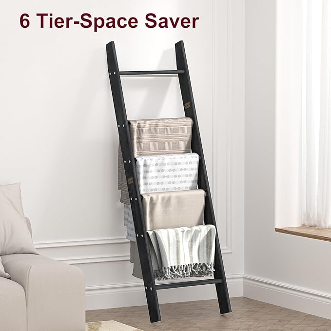 HONEST OUTFITTERS Blanket Ladders for The Living Room, 6-Tier Blanket Holder, Wall-Leaning Blanket Rack, Ladder Shelves, Wood
