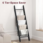 HONEST OUTFITTERS Blanket Ladders for The Living Room, 6-Tier Blanket Holder, Wall-Leaning Blanket Rack, Ladder Shelves, Wood