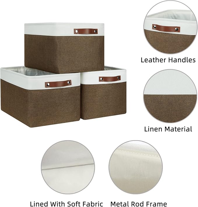 HNZIGE Fabric Storage Baskets (3 Pack) - Decorative Foldable Shelf Baskets with Leather Handles for Organizing Clothes (Brown