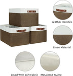 HNZIGE Fabric Storage Baskets (3 Pack) - Decorative Foldable Shelf Baskets with Leather Handles for Organizing Clothes (Brown