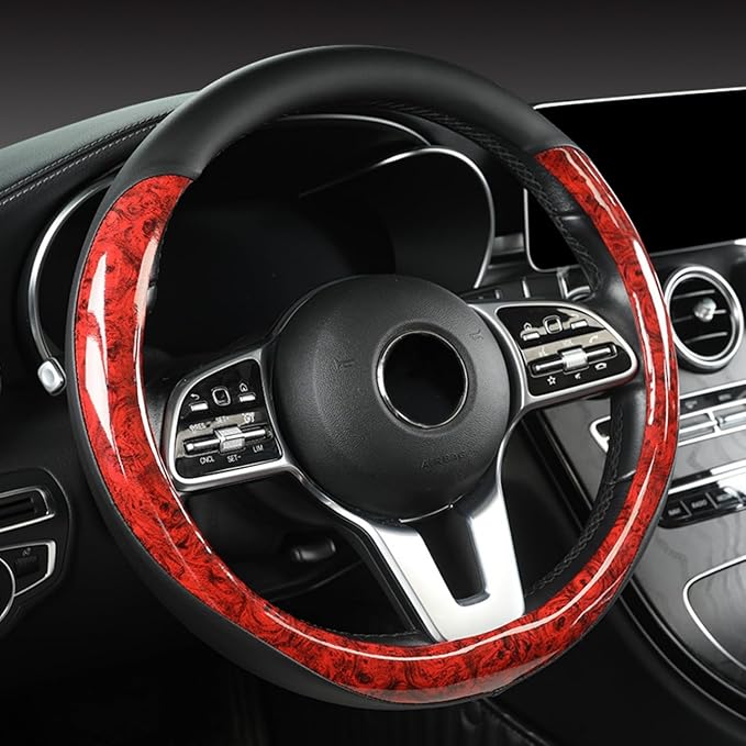 Wood Grain Steering Wheel Cover Microfiber Leather Breathable Anti Slip Universal Protector 14.5-15 inch Car Interior Accesso