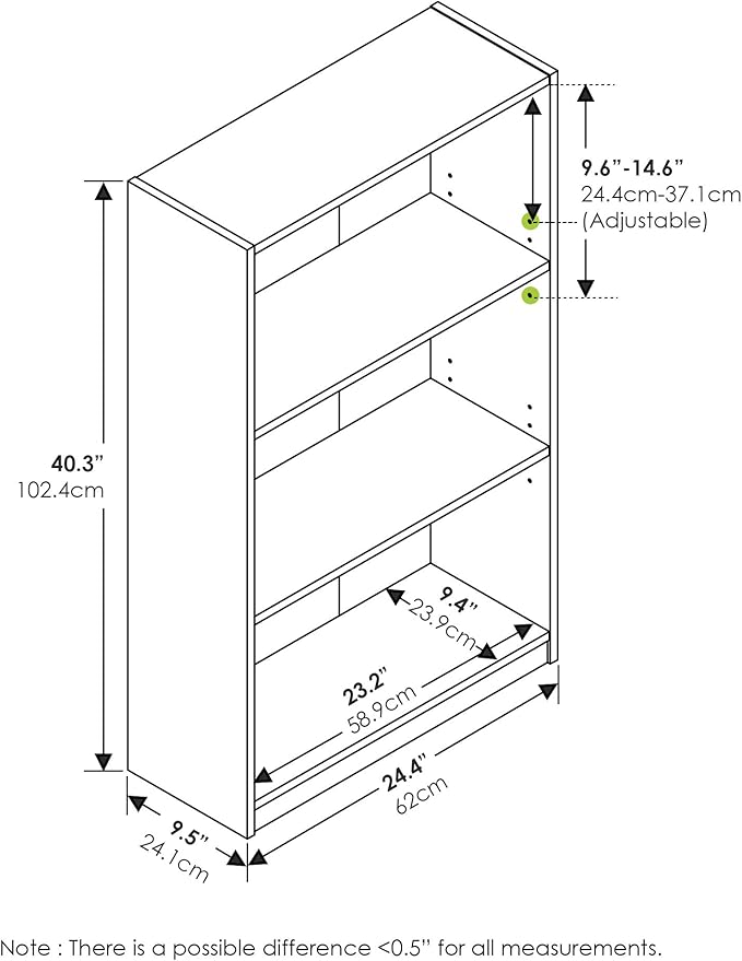 Furinno Jaya Book Shelf, 3-Tier Bookshelf, Standing Bookcase with Adjustable Shelves, 9.5 x 24.5 x 40.3, for Living Room, Bed