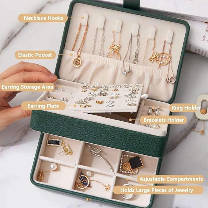 KOOAAICCHI Small Jewelry Box, Travel Jewelry Organizer, Portable Jewelry boxes for Women Girls Gift, Double Layers PU Leather