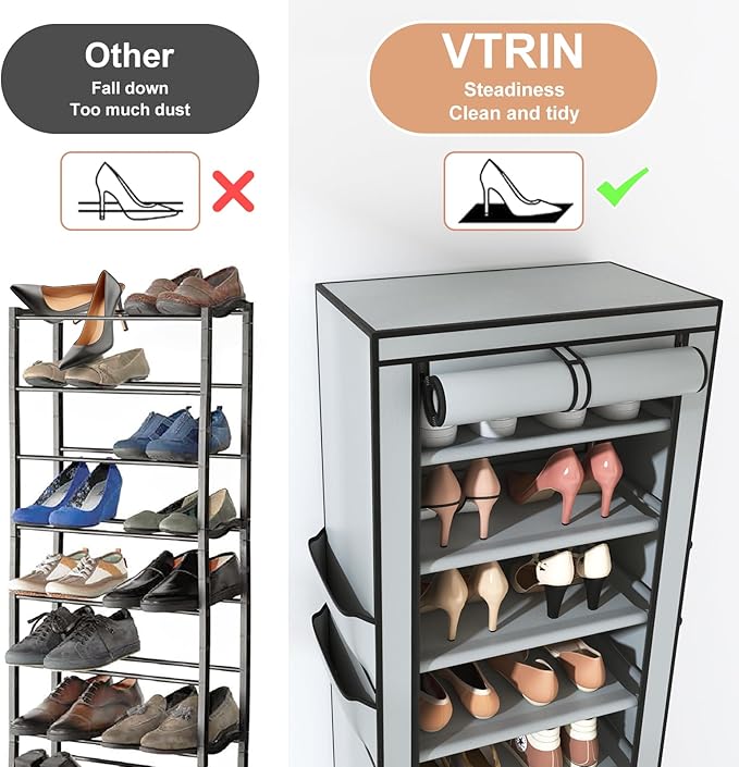 VTRIN Vertical Narrow Shoe Rack Organizer Tall Shoe Rack for Closet Entryway 10 Tier Non-Woven Cover Shoe Shelf Holds 20-22 P