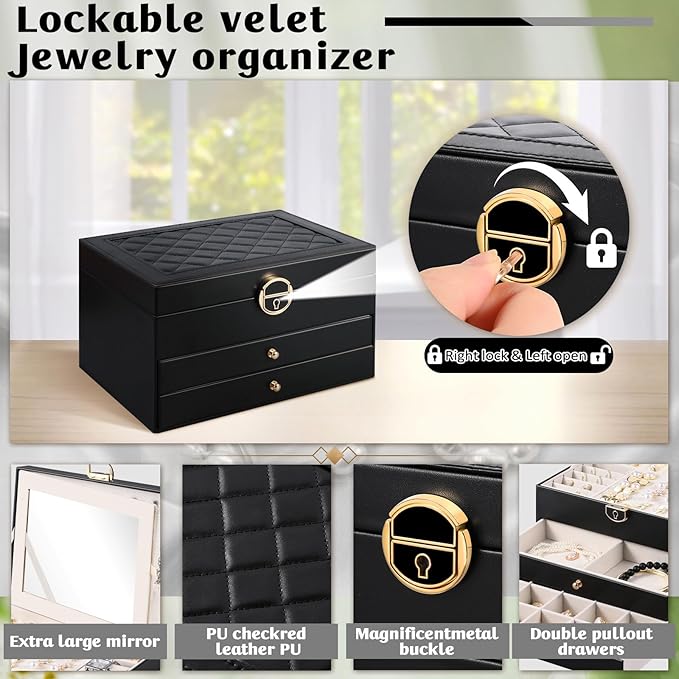 3 Layer Jewelry Boxes for Women with Mirror Large Jewelry Holder Organizer with 2 Jewelry Organizer Drawer PU Lockable Elegan