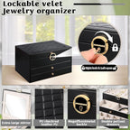 3 Layer Jewelry Boxes for Women with Mirror Large Jewelry Holder Organizer with 2 Jewelry Organizer Drawer PU Lockable Elegan
