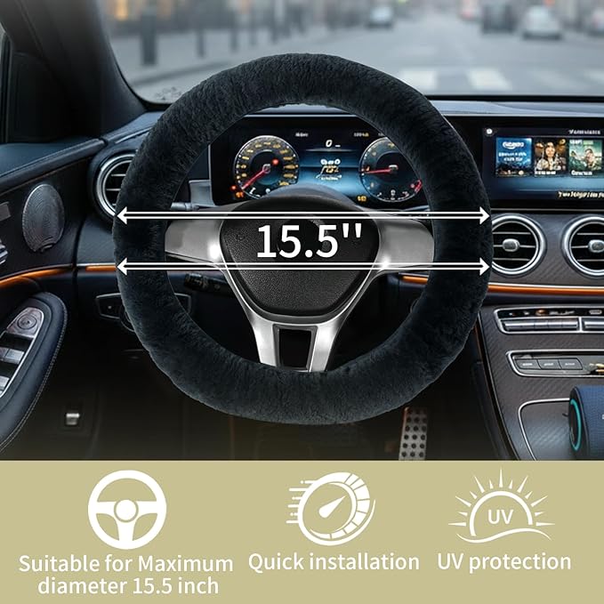AEGIS Cover Sheepskin Steering Wheel Cover Premium Luxury AUS Genuine Merino Wool All-Season Non-Slip for Cars Fits 14.5-15.5" Wheels (Charcoal)