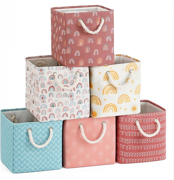Geiserailie 6 Pcs 11 x 11 Inch Cube Storage Bins Fabric Storage Organizer Bins Foldable Cube Baskets with Sturdy Carry Handle