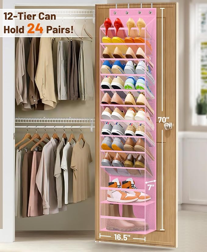 MISSLO 12 Tier Over the Door Shoe Organizer Breathable Mesh Hanging Shoe Rack for Closet Storage Shoe Holder for Door Fit 24 