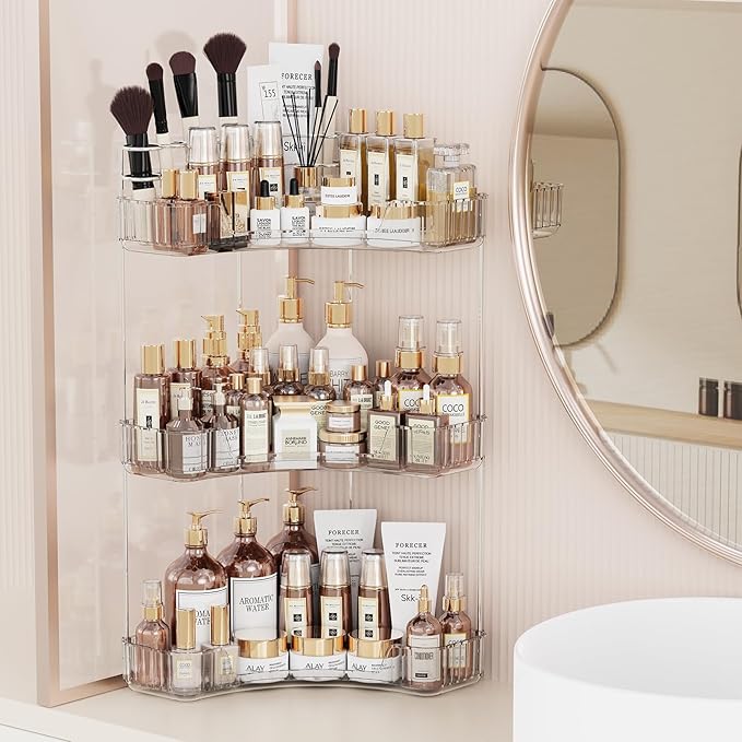 Asayuee 3-Tier Corner Bathroom Counter Organizer with Top Toothbrush Holders,Large Makeup Organizer Countertop with Brush Hol