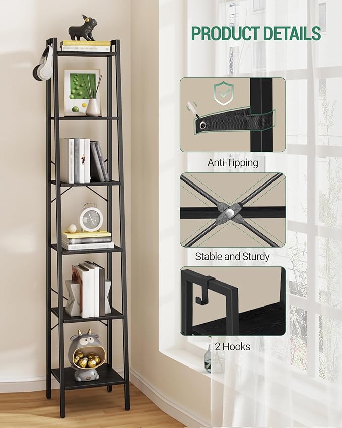 Hzuaneri Ladder Shelf, Bookshelf Bookcase, Freestanding Corner Storage Shelve with 2 Hooks for Home Office, Living Room, Kitc