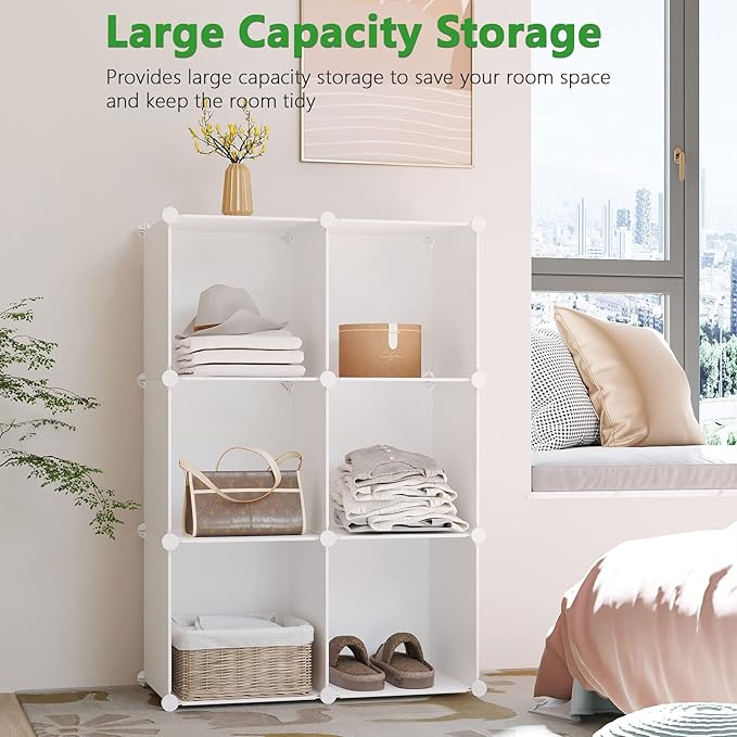 C&AHOME 6-Cube Storage Organizer, Stackable Storage Cubes Shelves, Portable Bookshelf, Plastic Clothing Storage Closet Organi