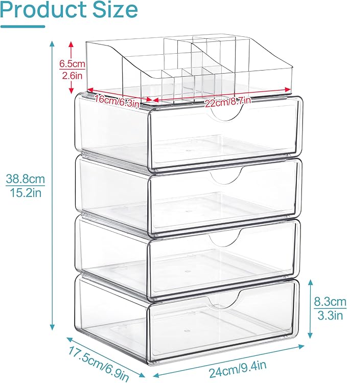 Vtopmart 5 Tier Clear Makeup Organizer with Drawer, Cosmetic Storage for Dresser Countertop and Bathroom Vanity, Beauty Holde