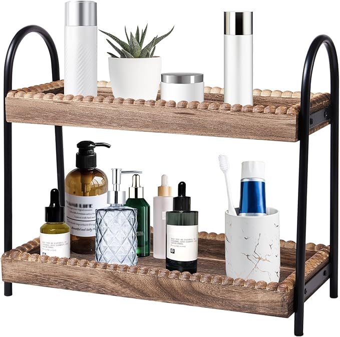 BDBDYEAY Bathroom Countertop Organizer, 2 Tier Vanity Organizer and Storage for Cosmetic Skincare Perfume, Wood Bead Storage 