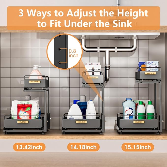 Under Sink Organizer, High Adjustable 2 Tier Under Kitchen Sink Organizer, Multi-Purpose Storage Shelf for Kitchen Bathroom C