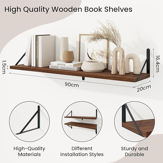 Shelves for Wall, Floating Bookshelves with Brackets, 36 inch Floating Shelves Set of 3, Wall Shelf for Kitchen, Bathroom, Be