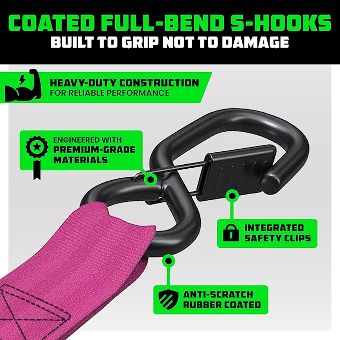 Rhino USA Retractable Ratchet Straps (2-Pack) - 1 Inch x 10 Feet (1,209lb Break Strength) - Auto Self Retracting Tie Down Straps for Truck, Cargo Trailer, Motorcycle, ATV, UTV - Pink