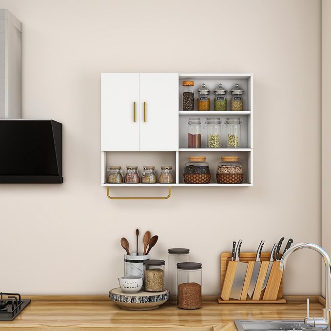 Bathroom Wall Cabinet Wood Large Wall Mounted Medicine Cabinet with 2 Doors and 4 Open Shelves Over Toilet Storage Cabinet Or