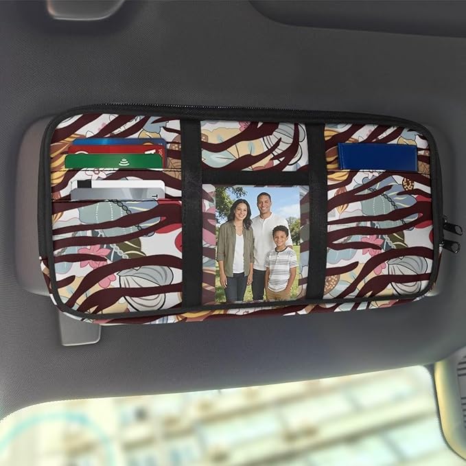 Floral Zippered Auto Drive Car Sun Visor Organizer with Picture Holder Multitool Storage Pouch Tactical with Elastic Bands and Pockets Easy Installation Universal Fit for Most Cars SUV