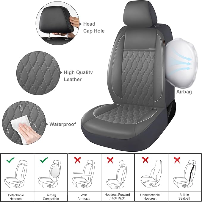 CAROMOP Faux Leather Car Seat Covers 2 Front Set,Luxury and Comfortable Seat Covers for Cars, Airbag Compatible Car Interior 