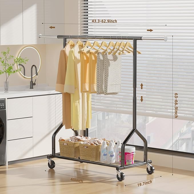 EAGMAK Heavy Duty Clothes Rack Load 424 LBS, Rolling Clothing Rack With Shelves, Adjustable Metal Clothes Hanger with Wheels,