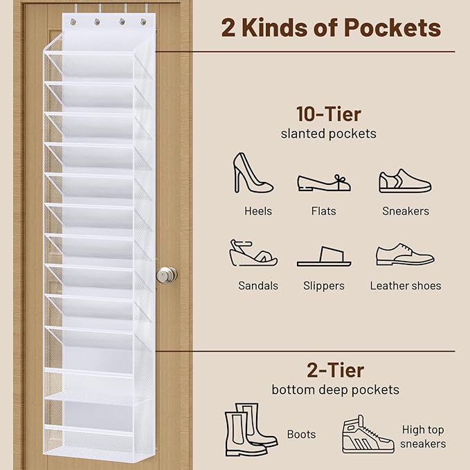 MISSLO 12 Tier Over the Door Shoe Organizer Large Capacity Hanging Shoe Rack for Closet Storage Narrow Sneaker Holder for Doo