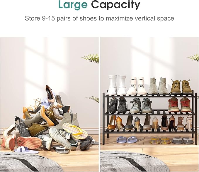 viewcare 3-Tier Long Black Shoe Rack, Bamboo Wood Shoe Rack for Closet, Entryway & Hallway, Stackable | Functional | Sturdy